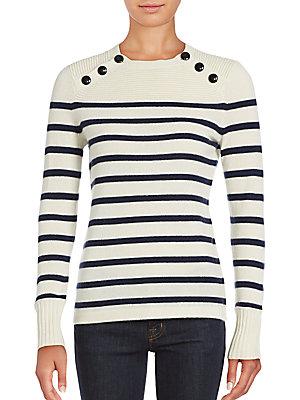 Cashmere Saks Fifth Avenue Striped Shoulder Button Sweater