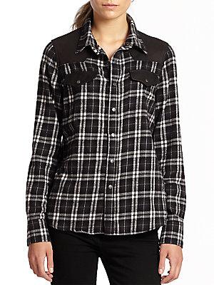 Current/elliott The Western Faux Leather-trimmed Plaid Flannel Shirt