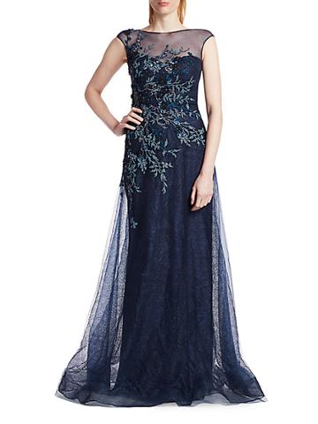 Teri Jon Floral Embroidered Tulle Gown