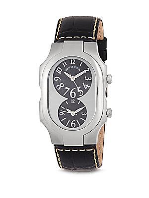 Philip Stein Stainless Steel Dual Dial Leather Strap Watch