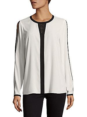 T Tahari Cassy Embroidered Contrast Blouse