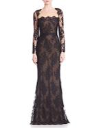 Marchesa Embroidered Lace Illusion Neckline Gown