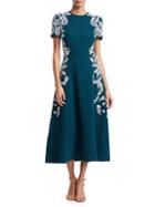 Oscar De La Renta Short Sleeve Embroidered Leaf Wool-blend Dress