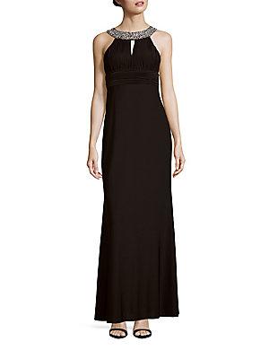 Theia Sequined-neck Flared Gown