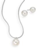 Majorica Ophol 8mm-10mm White Round Pearl & Sterling Silver Necklace & Earrings Gift Box Set
