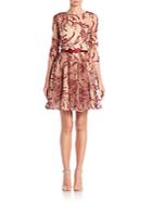 Marchesa Belted Metallic-embroidered Tulle Dress