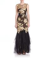Marchesa Embroidered Ruffle Flare Gown