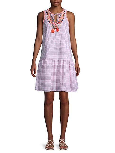 Beach Lunch Lounge Embroidered Linen & Cotton Blend Smock Dress