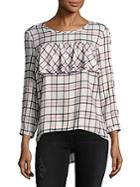 Saks Fifth Avenue Blue Plaid Ruffle Front Top
