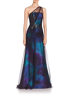 Theia One-shoulder Tulle Overlay Gown