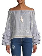 Love Sam Ruffle-sleeve Striped Off-the-shoulder Top