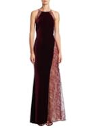 Badgley Mischka Lace-accented Velvet Halter Gown