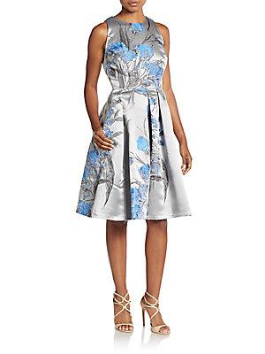 Carmen Marc Valvo Collection Floral Brocade Fit-and-flare Dress