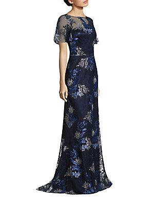 David Meister Embroidered Metallic Evening Gown