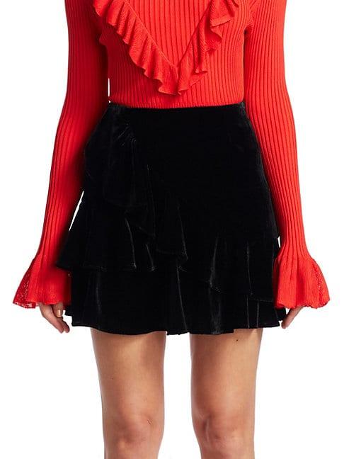 Scripted Velvet Ruffle Mini Skirt
