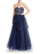 Marchesa Notte Embroidered Empire Tiered Tulle Gown