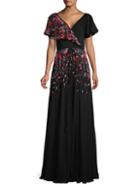 Carolina Herrera Flutter-sleeve Embroidered Gown