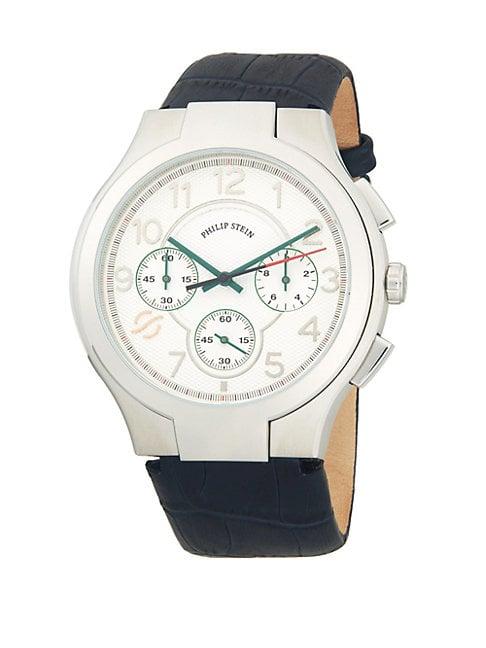 Philip Stein Classic Stainless Steel Chronograph Embossed Leather-strap Watch