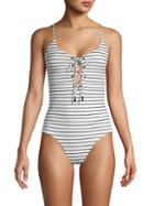 Red Carter Striped Lace-up One-piece Swimsuit