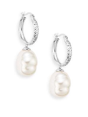 Majorica 12mm White Baroque Pearl & Stering Silver Dangle Huggie Hoop Earrings/0.5