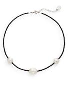 Majorica 14mm White Round Pearl & Leather Necklace