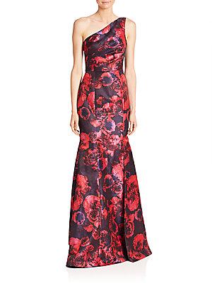 Theia One-shoulder Floral Jacquard Gown