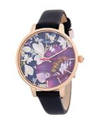 Ted Baker London Floral Stainless Steel Leather Strap Watch
