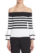 Scripted Striped Off-the-shoulder Bell Sleeve Sweater