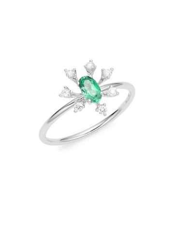 Hueb 18k White Gold Emerald & Diamond Spoked Ring