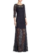 Kay Unger Three-quarter Sleeve Lace Sheer Gown