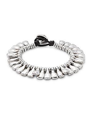 Uno De 50 Silver & Leather Petal Bracelet