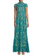 Alice + Olivia Arwen Floral-embroidered Cap Sleeve A-line Gown