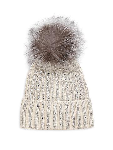 Adrienne Landau Fox Fur-trim Sequin-knit Beanie