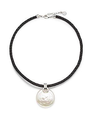 Majorica 28mm White Organic Circular Man-made Pearl & Leather Necklace
