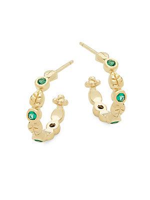 Temple St. Clair Yellow Gold & Emerald Leaf Hoop Earrings/0.5