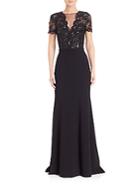 Theia Crepe Lace-bodice Gown