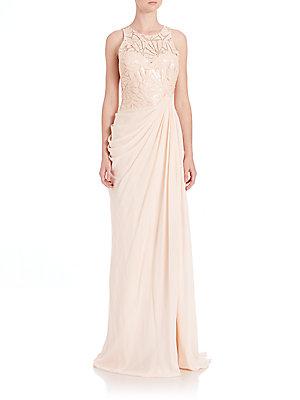 Badgley Mischka Draped Sequin Lace Gown
