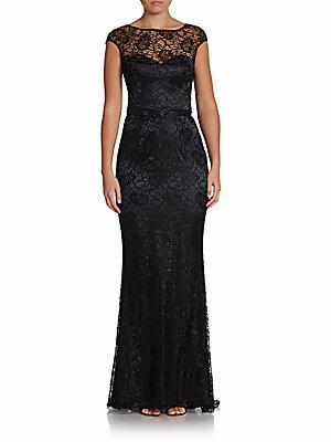 Theia Belted Lace Gown