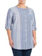 Vince Camuto Striped Long-sleeve Linen-blend Top
