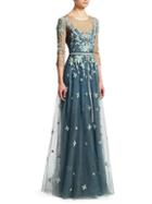 Marchesa Three-quarter-sleeve Beaded Tulle Gown