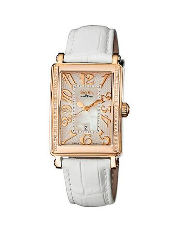 Gevril Mezzo Rectangle Goldtone Stainless Steel Diamond Leather Strap Watch