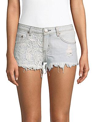 Reverse Floral Lace Denim Shorts