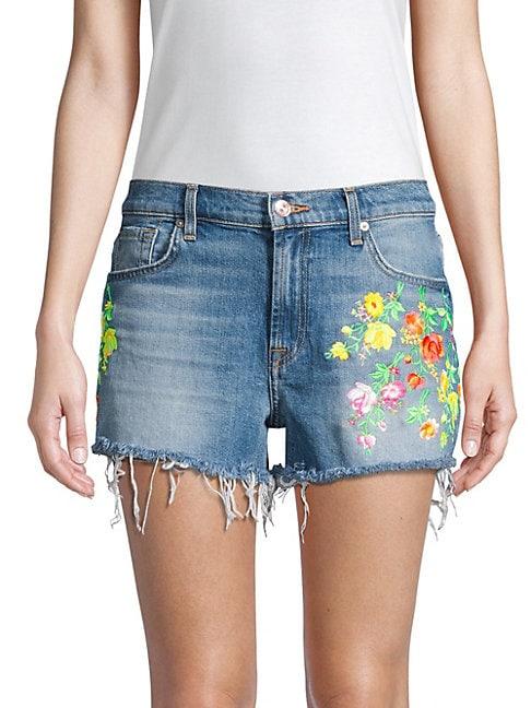 7 For All Mankind High-waist Embroidered Floral Frayed Cutoffs