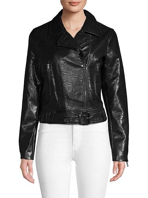 T Tahari Belted Faux Leather Moto Jacket