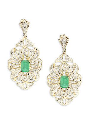 Effy Emerald Diamond & 14k Yellow Gold Filigree Earrings