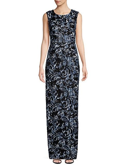 Aidan Mattox Floral-embroidered Jacquard Sequin Gown