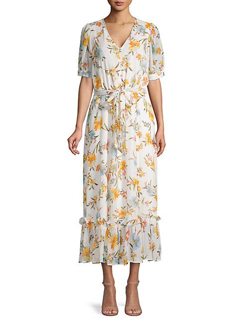 Calvin Klein Floral Chiffon Peasant Maxi Dress