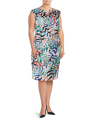 Adrianna Papell Plus Multicolored Leaf-print Sheath Dress
