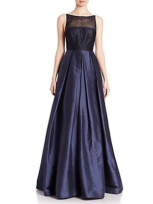 Theia Pleated Sequined Tulle Gown