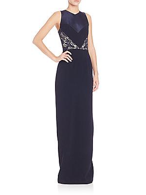 Theia Lace Insert V-neck Gown